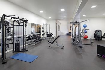 a gym with weights and cardio equipment in a building